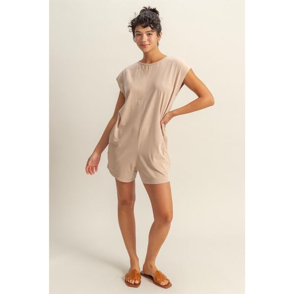HYFVE Round Neck Cap Sleeves Side Pockets Relaxed Fit Breezy Romper | Dark Taupe - Picture 5 of 6